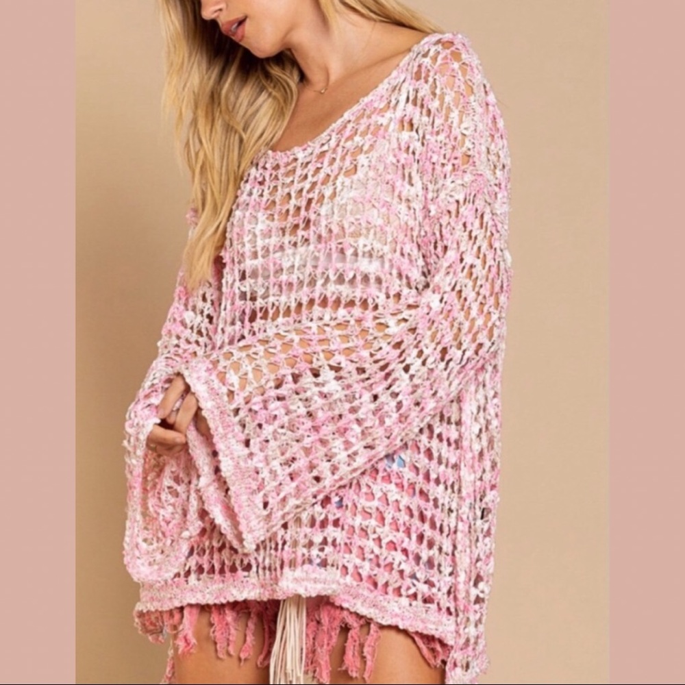 POL Pink Cream Fishnet Sweater Loose Knit Fishnet Tunic Sweater - Picture 1 of 14